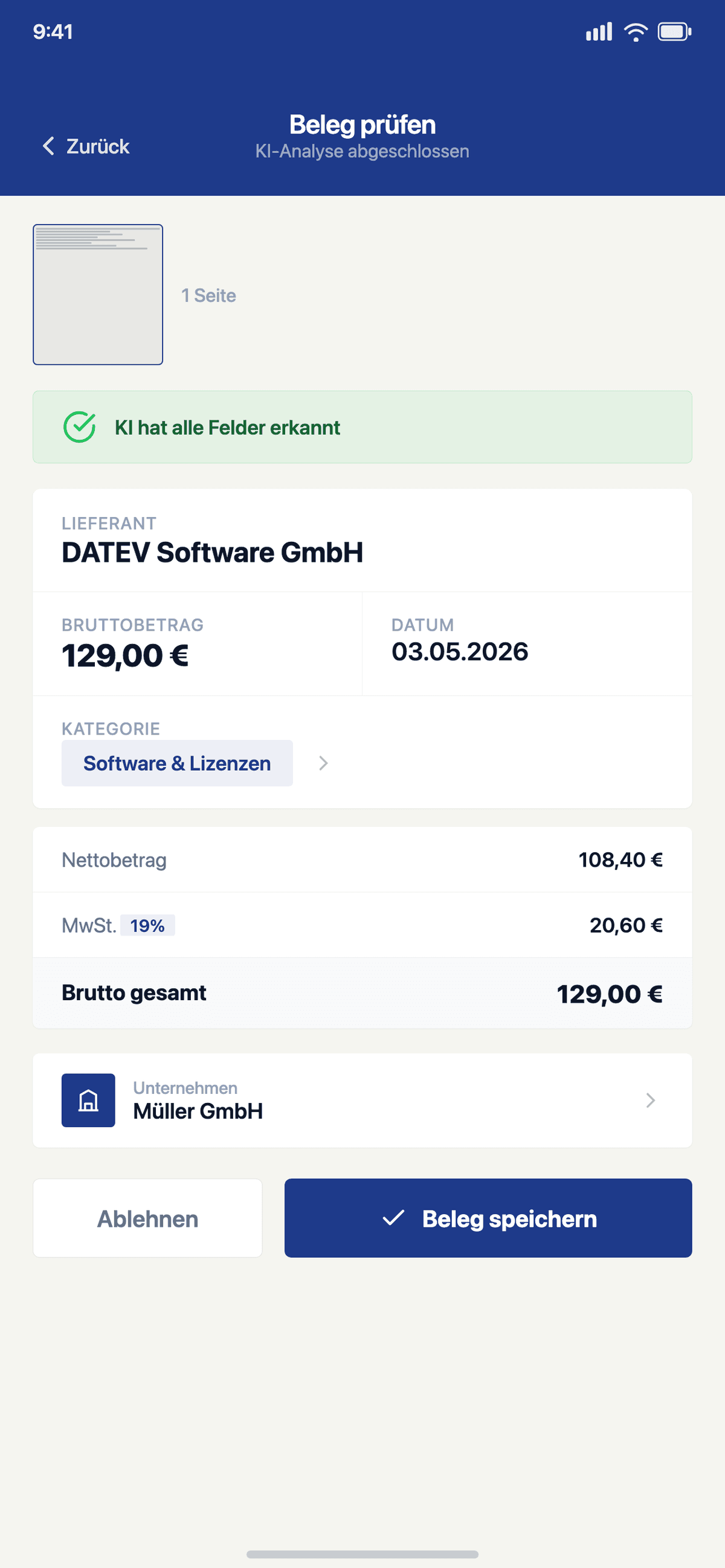 Beleg pruefen in der BuchBalance-App — KI hat alle Felder erkannt