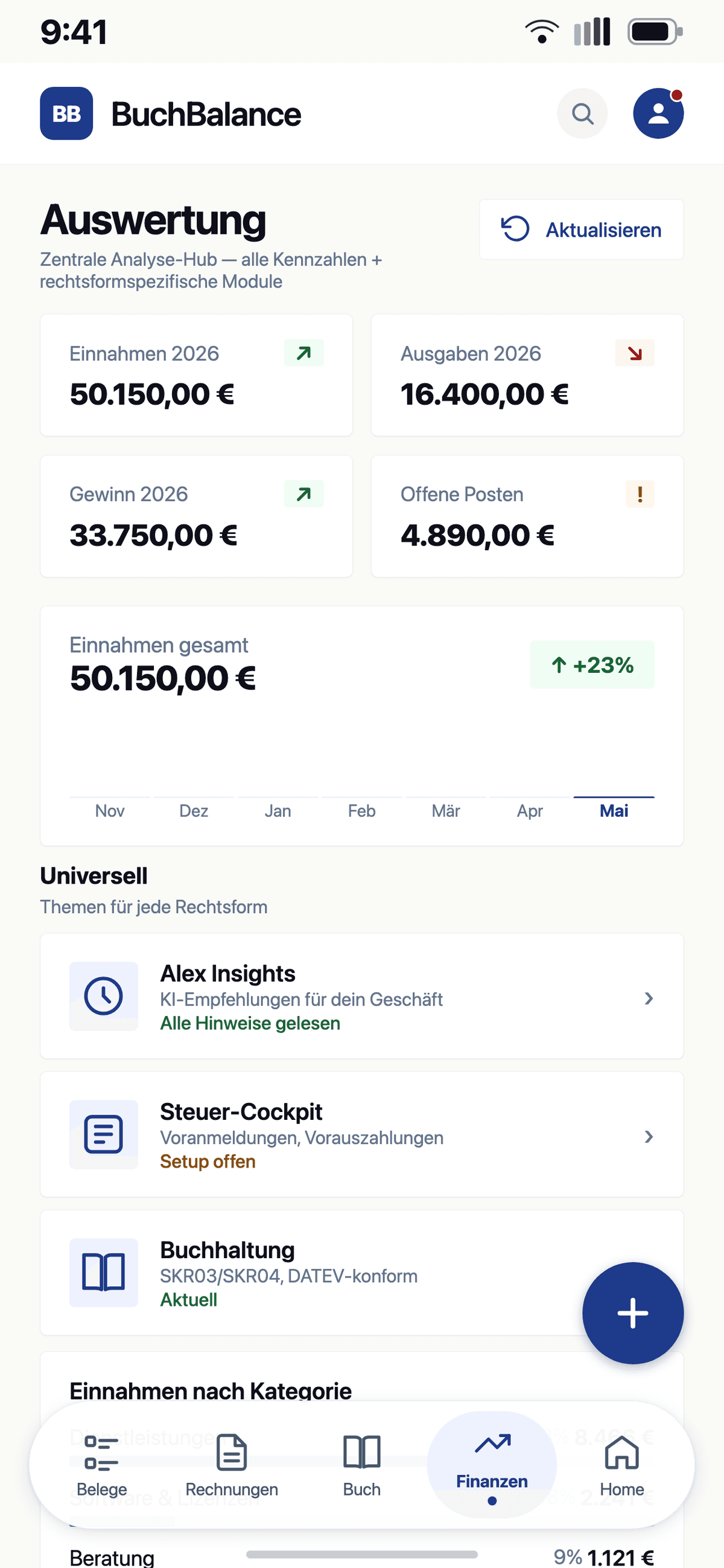 Auswertung mit Einnahmen, Ausgaben und Gewinn in der BuchBalance-App