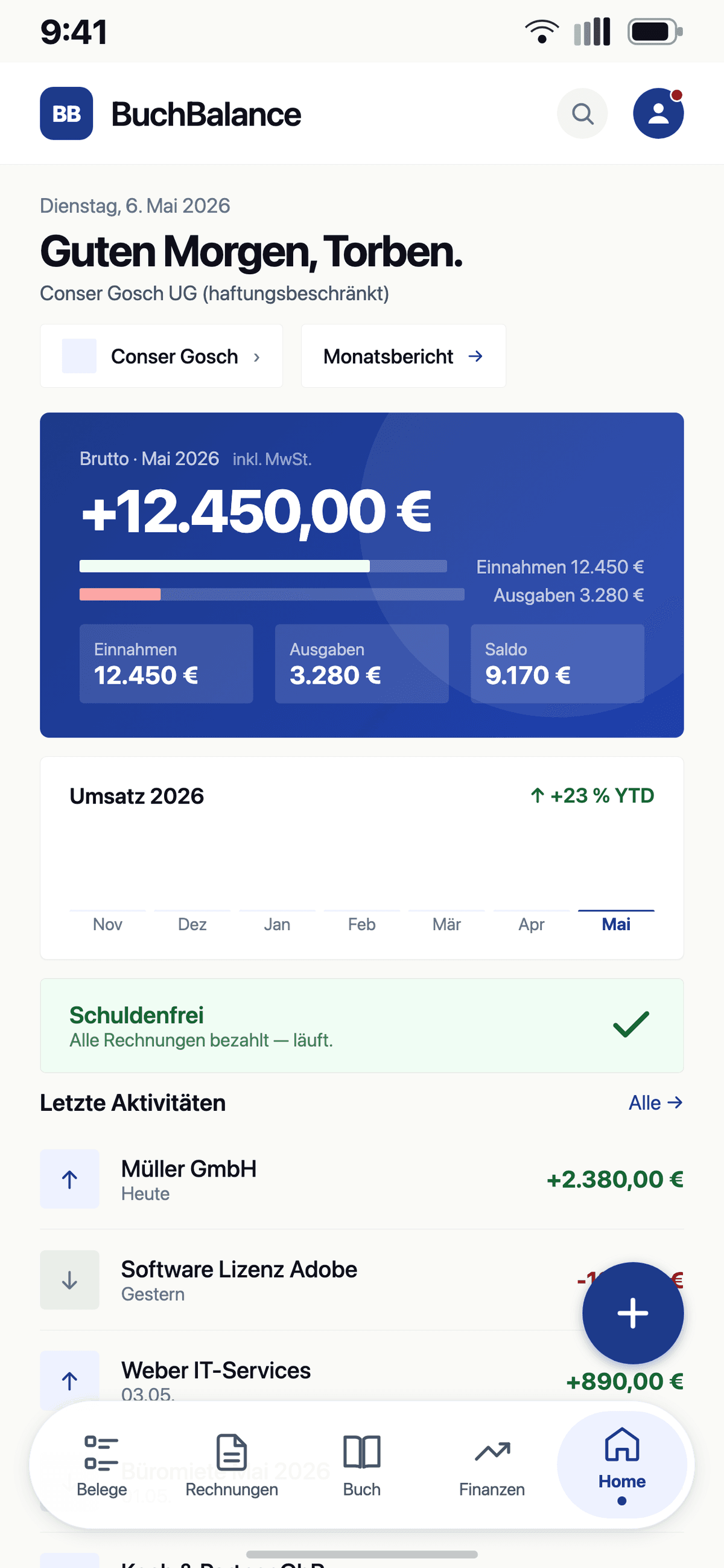 BuchBalance-Dashboard: Umsatz, Einnahmen, Ausgaben und letzte Aktivitäten auf einen Blick