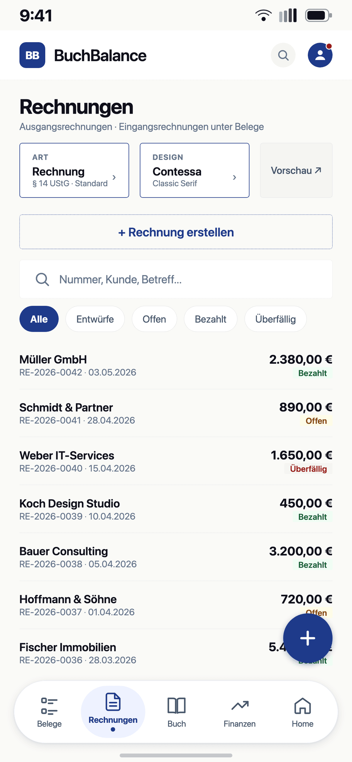 Rechnungsuebersicht in der BuchBalance-App